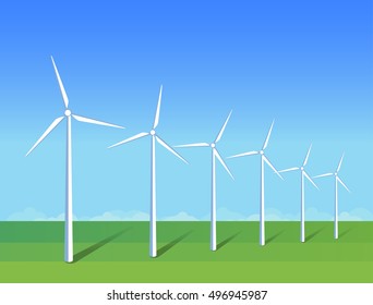 Electric windmills on green grass field on background blue sky. Ecology environmental illustration for presentations, websites, infographics. Flat vector art