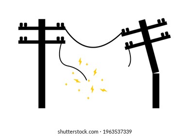 Electric wire of broken high voltage pole is damaged and short circuit flat icon vector.