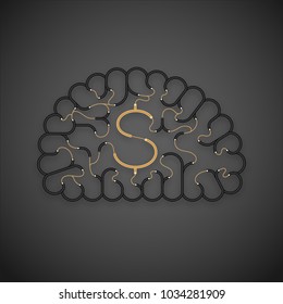 Electric wire cable Brain black color, Business finance concept design with Currency USD (United States Dollars) symbol illustration isolated on dark background with copy space, vector eps 10