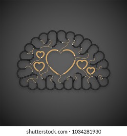 Electric wire cable Brain black color, Love concept design with Heart sign symbol illustration isolated on dark background with copy space, vector eps 10