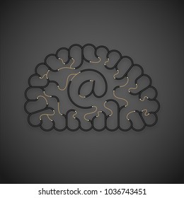 Electric wire cable Brain black color, Email internet concept design with At sign symbol illustration isolated on dark background with copy space, vector eps 10