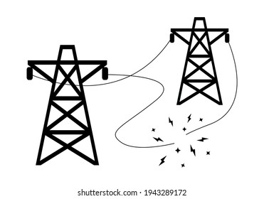 Electric Wire Of The High Voltage Pole Is Damaged And Short Circuit Flat Icon Vector.