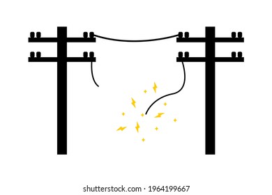 Electric wire of high voltage pole is damaged and short circuit flat icon vector.