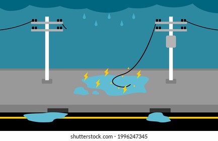 Electric wire of high voltage pole in roadside is damaged and short circuit in water with rain flat icon vector.