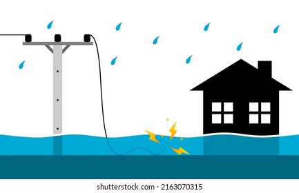 Electric wire of high voltage electric pole broken damaged and short circuit spark electric current to water flood house cause danger with thunderstorm rain drop flat icon vector design.