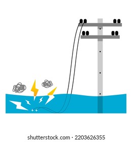 Electric wire of high voltage electric pole broken damaged and short circuit spark electricity current to water flood cause danger electrocution risk flat icon vector design.