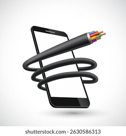 Cable eléctrico o cable de Internet en espiral alrededor del teléfono inteligente. Aislado sobre fondo blanco. Ilustración vectorial