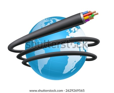 Electric wire or internet cable spiral around planet earth. Isolated on white background. Vector illustration