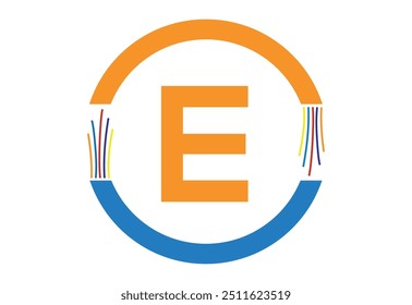 Alambre eléctrico, plantilla de Vector del icono de la línea de cable de fibra óptica con E posterior