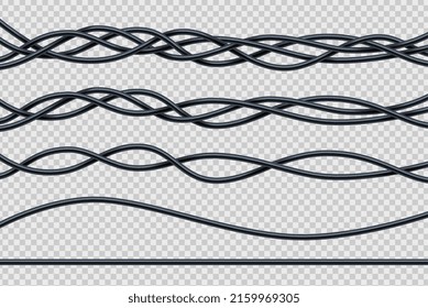 Electric wire, realistic cable, 3d vector flexible cords, insulated electrical curved, straight, bunch and single black ropes. Intertwined wiring, electricity conductors, isolated industrial equipment