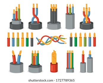 Electric wires. Single core and multicore industrial isolated cables set. Multicolored power cables in insulation vector illustration. Electric wires for telecommunication and power industry.