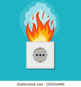 Electric wiring of socket in fire. Electrical safety concept. Plug outlet on fire. Electrical shock power. Short circuit in flat, cartoon style. Overload electrical connection. vector illustration