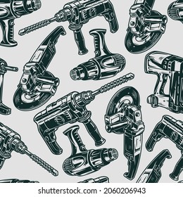 Electric work tools vintage seamless pattern with angle grinder machine industrial dryer electric hammer drill and nailer in monochrome style vector illustration