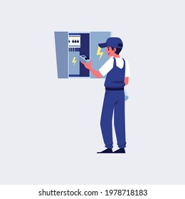 Electric worker fixing wiring in switchboard, flat vector illustration isolated on blue background. Electrician repairing connection or maintaining equipment.
