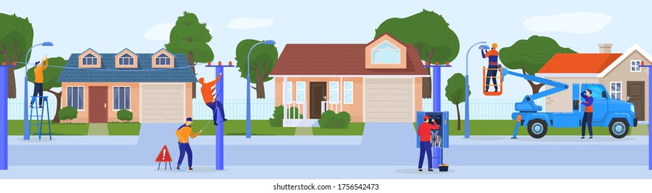 Electric Worker People Vector Illustration. Cartoon Flat Repairman Electrician Characters Working, Doing Technical Work Of Fixing Power Line Electrical City Network, Repair Electric Service Background