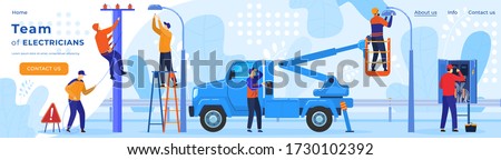 Electric workers, electricity on power line repairman webpage template vector illustration. Electrician profession and power repair equipment of wires in socket or street light switcher and ladder.