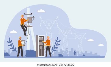 Electric workers team. Transformer service, electrical power lines technician work and box power repairs teamwork vector illustration. People in uniform preparing electricity equipment