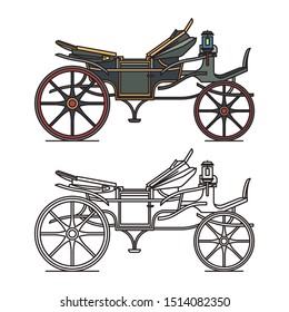 Electric XIX century carriage or retro automobile, opened vintage chariot or old car, stagecoach outline or waggon icon. Steam crew coach or classic auto. Transportation and wheeled vehicle, history