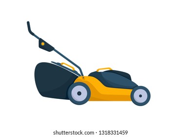  Electric yellow lawn mower in summertime. Lawn grass service concept. Flat style. Vector Illustration.