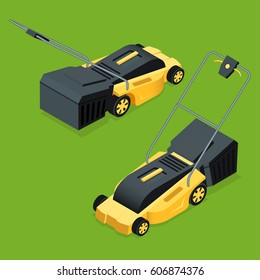 Electric Yellow Lawn Mower In Summertime. Lawn Grass Service Concept. Isometric Flat Vector Illustration. Garden Equipment.