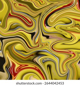 Marmoreado abstrato amarelo e vermelho elétrico com padrões de redemoinho e detalhes de alto contraste.