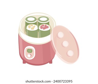 Fabricante de yogur eléctrico, electrodomésticos de cocina. Preparación de yogur de fruta natural. Ilustración de color de dibujos animados.
