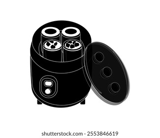 Electric yogurt maker, kitchen appliance. Preparation of natural fruit yogurt. Vector black and white illustration