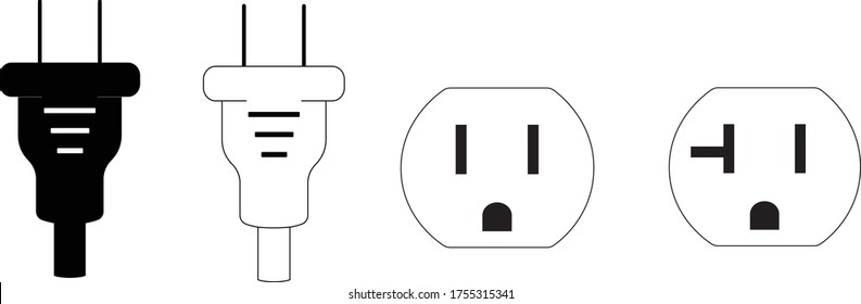 Electrical 2 prong plugs next to a NEMA 5-15 grounded power, and AFCI Outlet Arc Fault Receptacle / ac socket line art vector icon for apps and websites