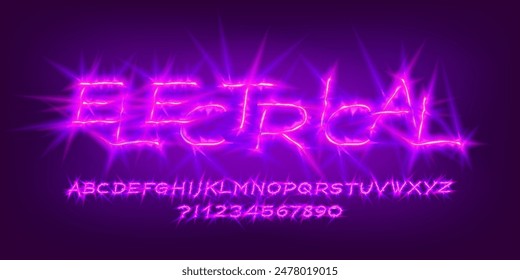 Electrical alphabet font. Distorted neon letters and numbers. Stock vector typeface for your design.