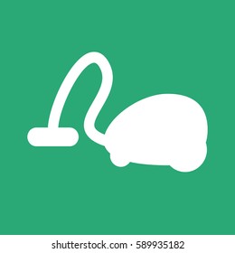 Electrical appliance. White vector icon. Logo or emblem. Turquoise background. Vacuum cleaner.
