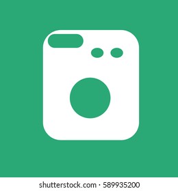 Electrical appliance. White vector icon. Logo or emblem. Turquoise background. Washer.