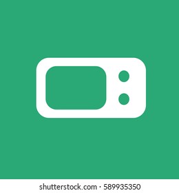 Electrical appliance. White vector icon. Logo or emblem. Turquoise background. Microwave oven.