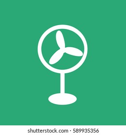 Electrical appliance. White vector icon. Logo or emblem. Turquoise background. Ventilator.