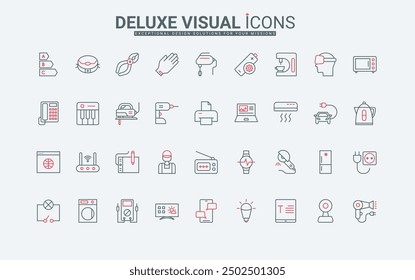 Electrical appliances and devices for home and repair work line icons set. Household, laundry and kitchen equipment, virtual reality glasses thin black and red outline symbols vector illustration