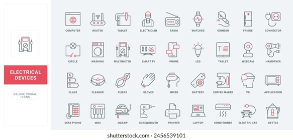 Electrical appliances and devices, household equipment line icons set. Wifi router and computer, tablet and smart TV, LED lamp and electric car thin black and red outline symbols vector illustration