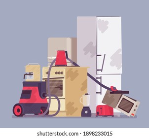 Electrical appliances disposal, amount of used e-waste piled. Damaged and destroyed broken household devices trash, domestic waste materials, junk, rubbish heap. Vector flat style cartoon illustration