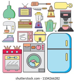 Electrical appliances and kitchenware filled line. icon cute set on a white background.Various household equipment and facilities vector. Line art kitchen equipment illustration. 