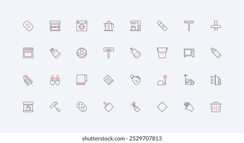 Electrical appliances, washing tools and detergents for cleaning and hygiene, laundry line icon set. Household equipment and machine, towel thin black and red outline symbols vector illustration