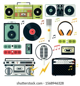 Electrical audio devices, analog broadcast and music record player isolated icons vector. Nostalgia musical equipment, microphone and headphones. Cassette tape and vinyl disc, radio and speaker