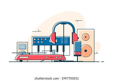 Electrical audio devices and equipment vector illustration. Musical set of subwoofer, column, headset, piano flat style. Music, sound, music record concept. Isolated on white background