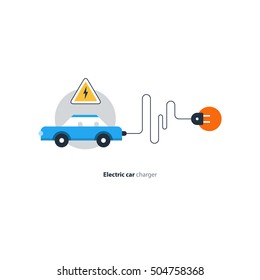 Electrical auto car, charging station, diagnostic services concept. Blue car in a circle with attention sign. Flat design vector illustration