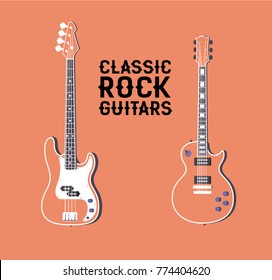 Electrical and Bass Guitar Flat Vector Icon. Musical Instruments with text on Background Illustration.
