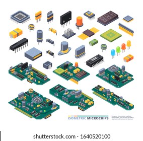 Electrical boards isometric. Hardware items computer power diodes semiconductors and small chip vector equipment set