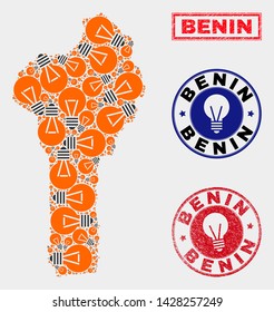 Electrical bulb mosaic Benin map and grunge rounded stamp seals. Mosaic vector Benin map is composed with light bulb symbols. Templates for innovation business. Orange and red colors used.