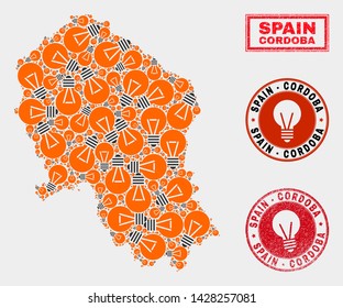 Electrical bulb mosaic Cordoba Spanish Province map and grunge round stamp seals. Mosaic vector Cordoba Spanish Province map is created with electric bulb symbols. Abstraction for electric business.