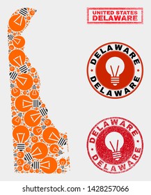 Electrical bulb mosaic Delaware State map and rubber round watermarks. Mosaic vector Delaware State map is created with electrical bulb symbols. Abstract images for innovation services.