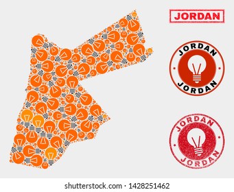 Electrical bulb mosaic Jordan map and rubber rounded stamp seals. Collage vector Jordan map is designed with power bulb symbols. Templates for power supply business. Orange and red colors used.