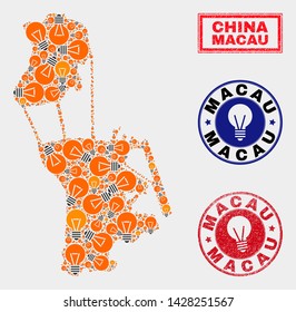 Electrical bulb mosaic Macau map and rubber round seals. Mosaic vector Macau map is designed with electrical bulb symbols. Abstraction for power supply business. Orange and red colors used.
