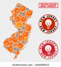 Electrical bulb mosaic New Jersey State map and rubber rounded stamps. Mosaic vector New Jersey State map is designed with electrical bulb icons. Abstract images for power supply services.