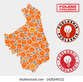 Electrical bulb mosaic Podlaskie Voivodeship map and grunge rounded seals. Mosaic vector Podlaskie Voivodeship map is designed with electric bulb elements. Abstract images for power supply services.